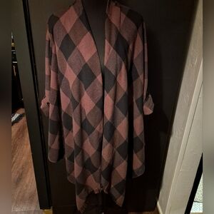 Knox Rose brown & black plaid open-front cardigan, roll-tab sleeve Fringe Hem